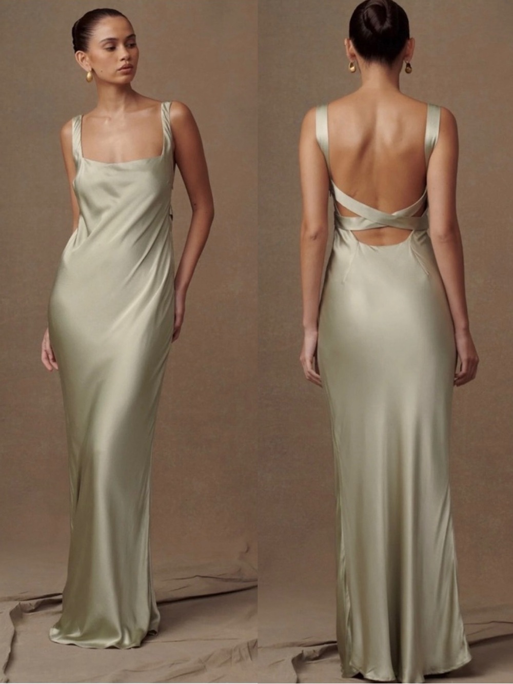 Meshki Sage Green Satin Maxi Dress with Open Back